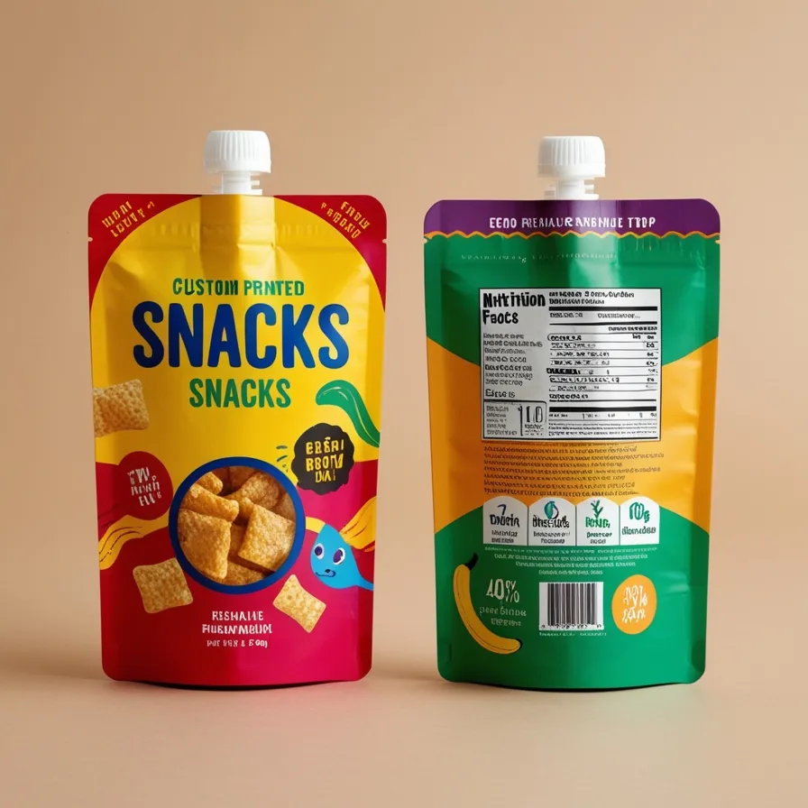 Custom printed stand-up pouch for snacks with vibrant design and resealable top