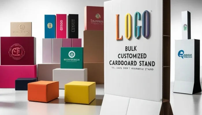Close-up of bulk-customized cardboard display stands showcasing various logo branding options and finishes