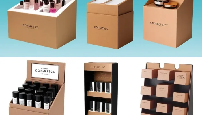 Countertop, freestanding, and hanging cardboard boxes for cosmetics display